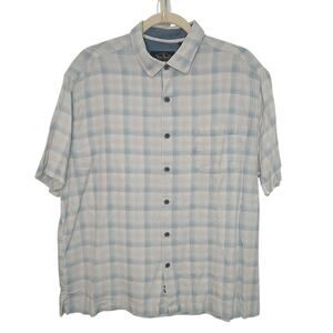 Nat Nast Mens Large Button Down Shirt Silk Cotton Plaid Blue White Short Sleeve